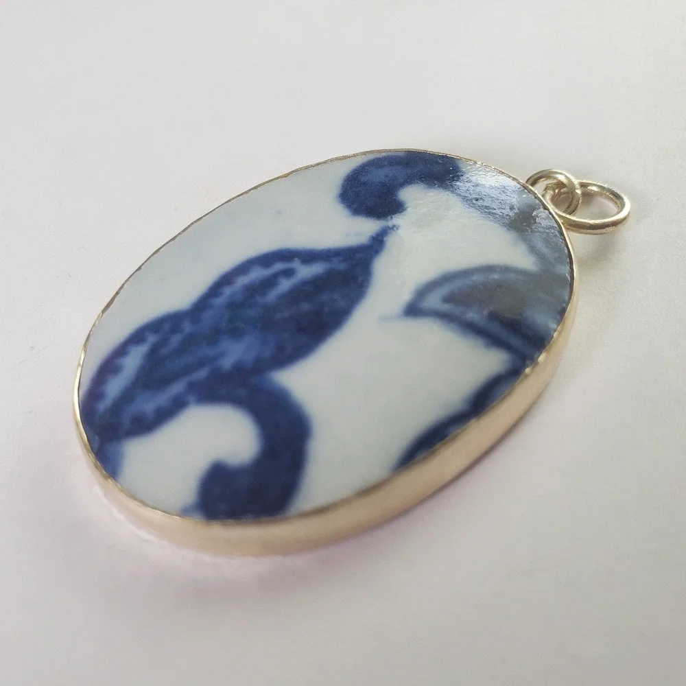 Vintage Ming Blue & White Porcelain Pottery Shard Pendant Oval Chinoiserie Focal
